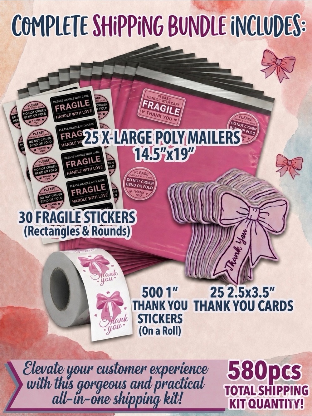 580PCS Bundle 25 XL Poly Mailers, 25 Cards, 30 Fragile & 500 Thank You Stickers